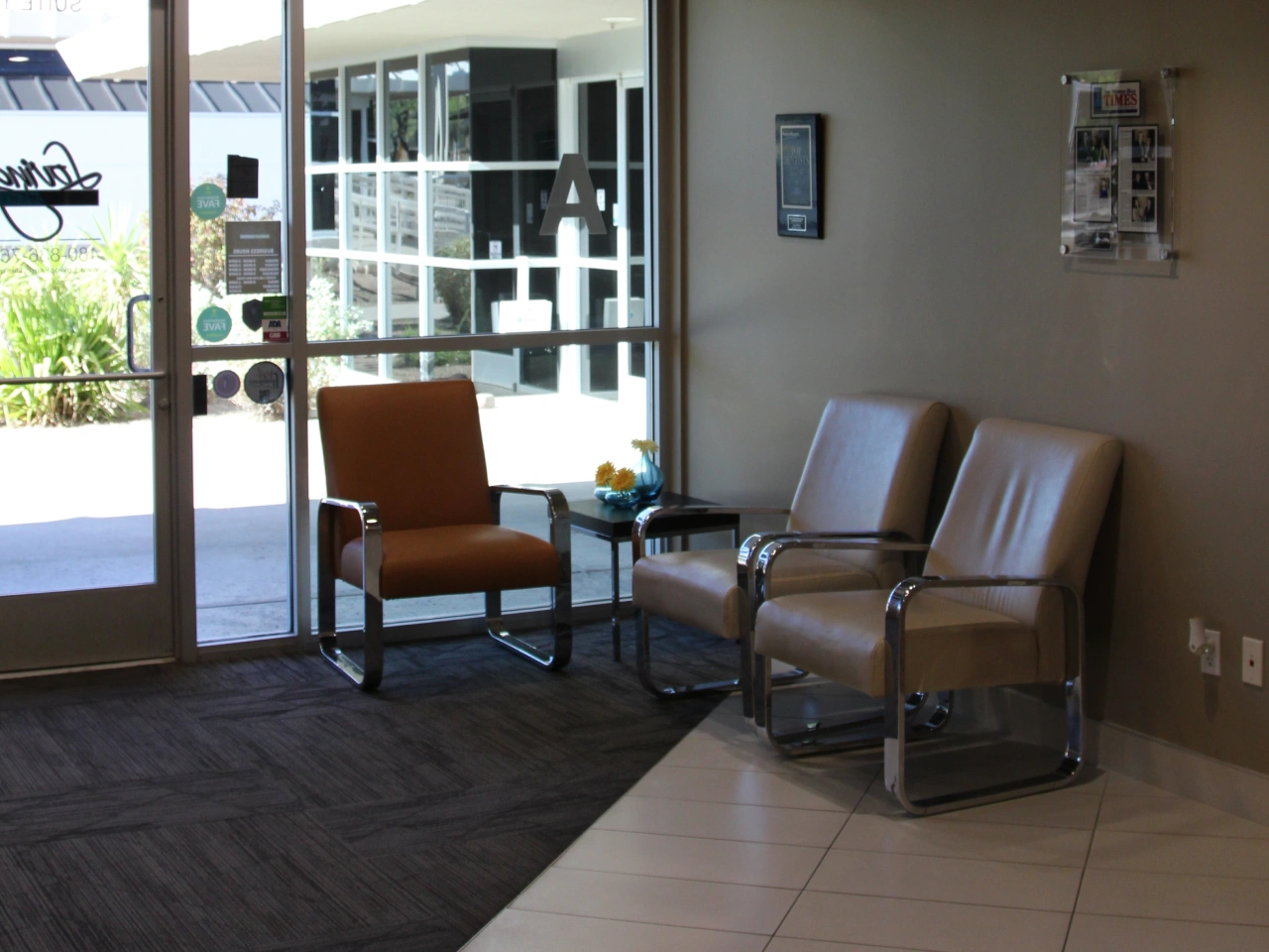 Comfortable patient waiting area in a modern dental office